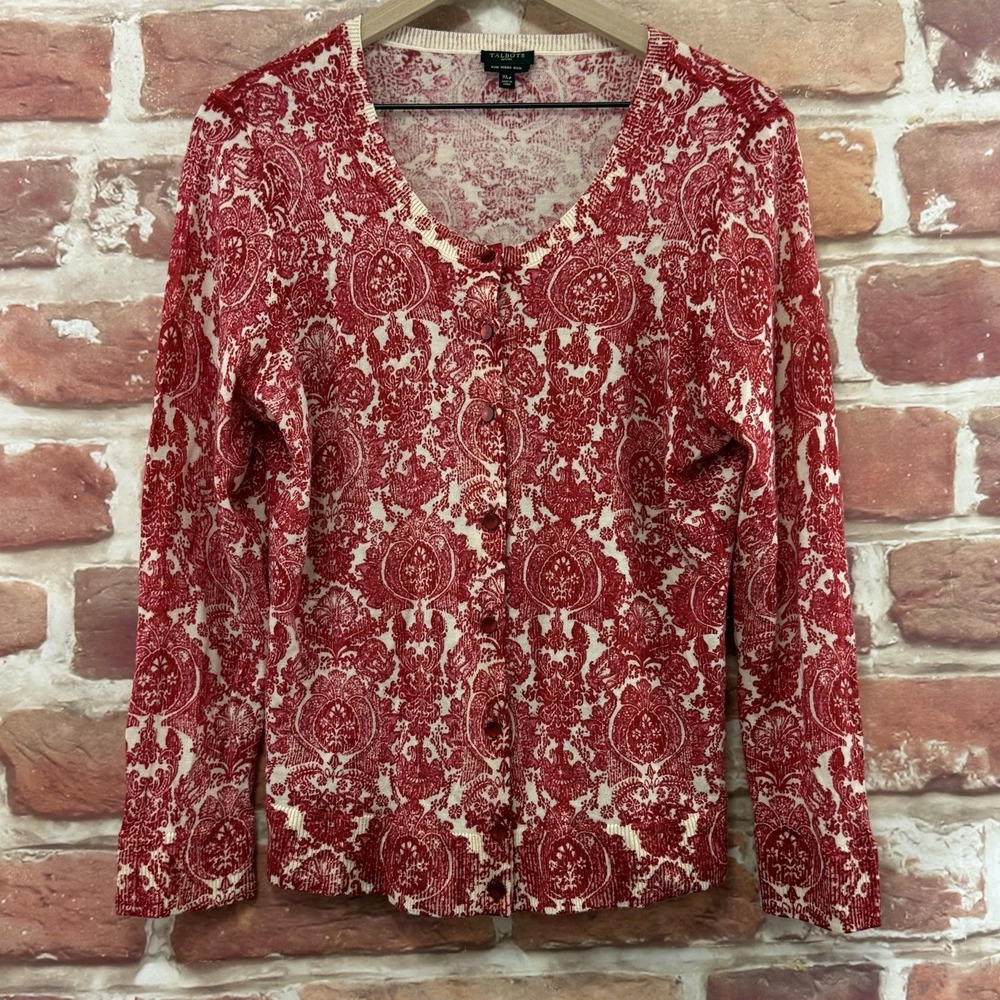 Talbots Cardigan Sweater Women's XL Petite Red 100% Merino Wool Boho Floral Knit